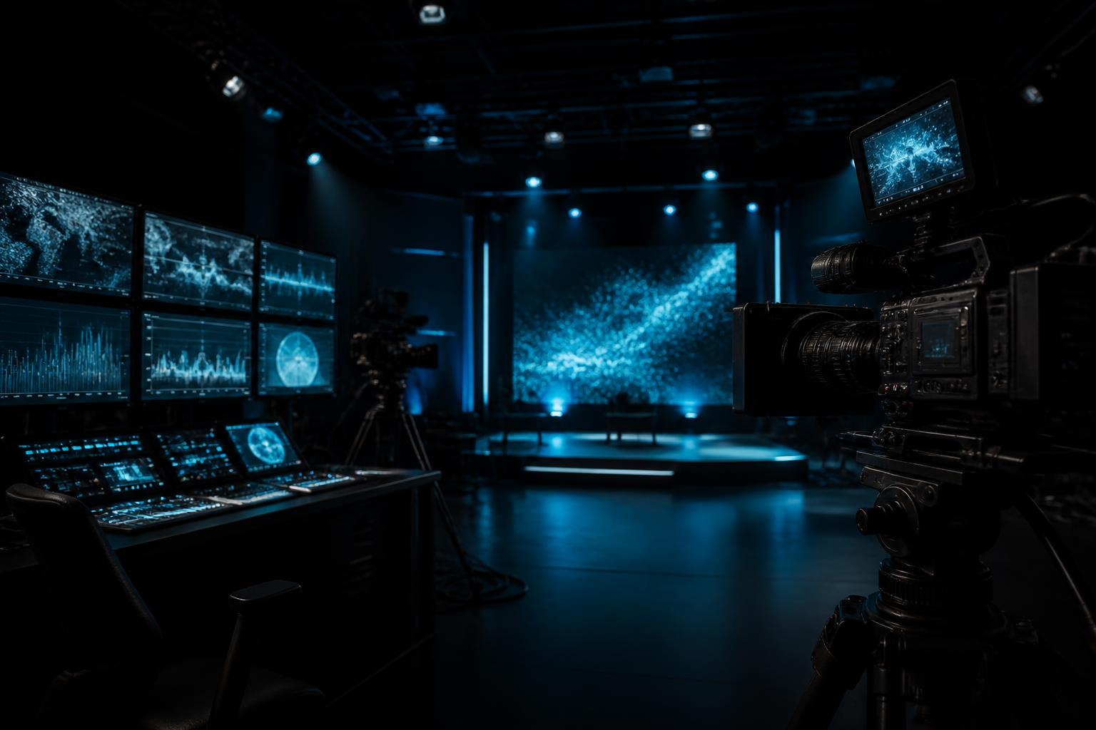 Set de producción audiovisual y live streaming de EC Studios con cámaras y pantallas de datos